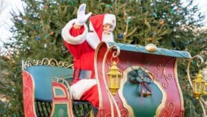 Santa riding in sleigh at Eagleview Town Center’s Holiday Spectacular on Dec. 7 with live music, family-friendly activities, and more.