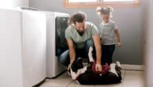 Father and daughter play with dog while doing laundry,