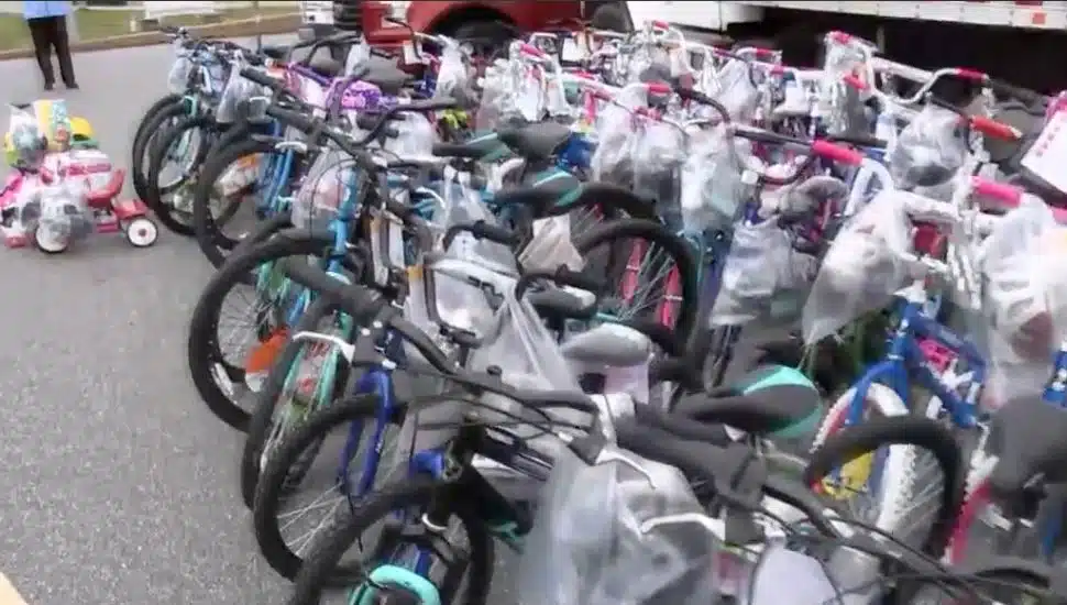 A bunch of bikes in a row.