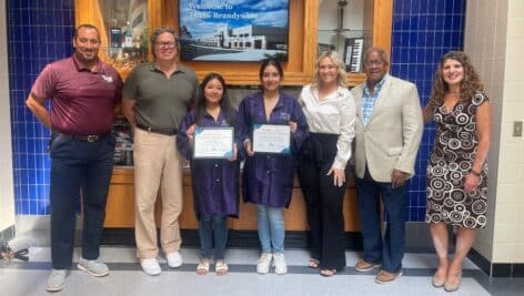 Pictured are (from left) Dr. Joe Fullerton, director of Career Technical and Customized Education; Thomas Molnar, assistant principal TCHS Brandywine; Salma Estevez and Roselyn Carranco, TCHS Brandywine students; Jessica Skarren, HR generalist; Leon Spencer, CCRES board member; and Jennifer Hernandez, coordinator of Business Development. Not shown is student Sophia DeLarso.