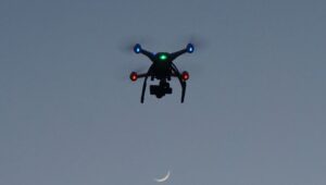 Drone in sky at evening time.