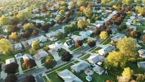 Suburban neighborhood aerial view.