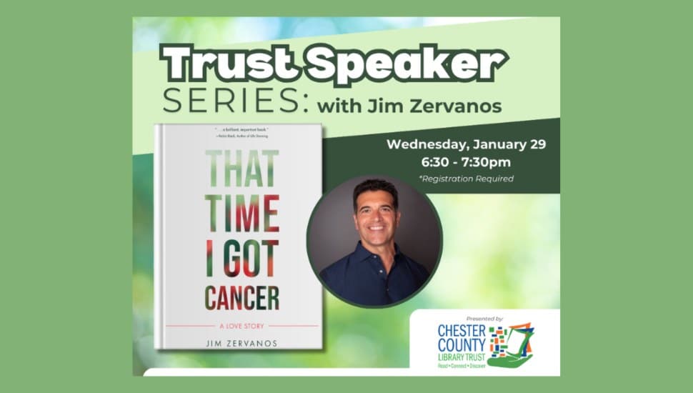 A promotional flyer with a headshot of Author Jim Zervanos, who will speak at the Chester County Library on Jan. 29.