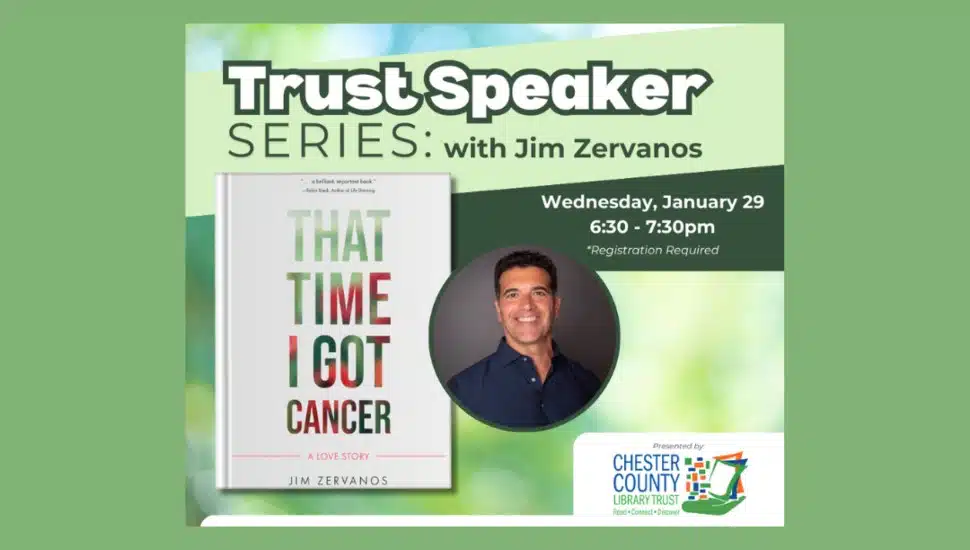A promotional flyer with a headshot of Author Jim Zervanos, who will speak at the Chester County Library on Jan. 29.