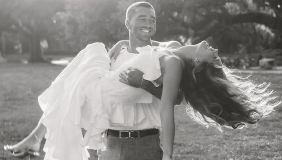 Joey Graziadei and Kelsey Anderson in black & white photo.