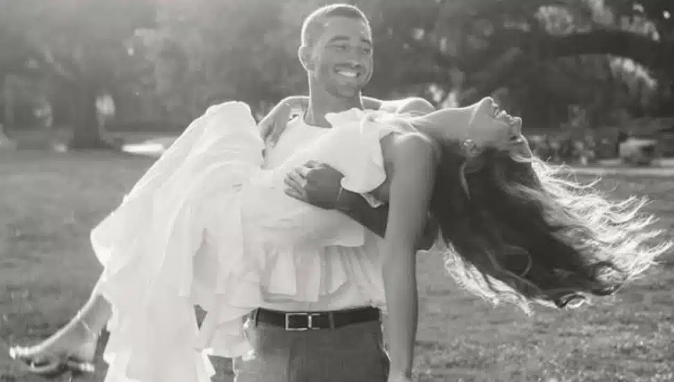 Joey Graziadei and Kelsey Anderson in black & white photo.