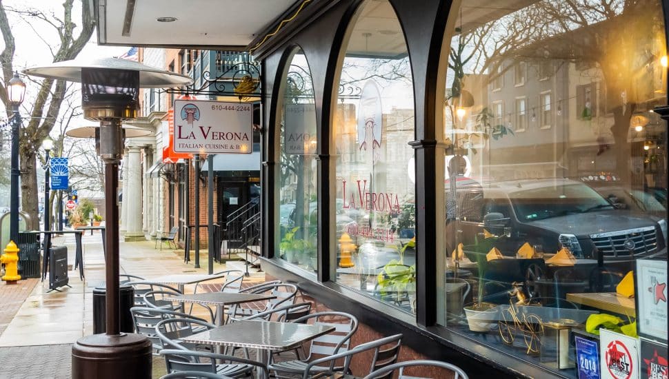 Tables and heater outside at La Verona.