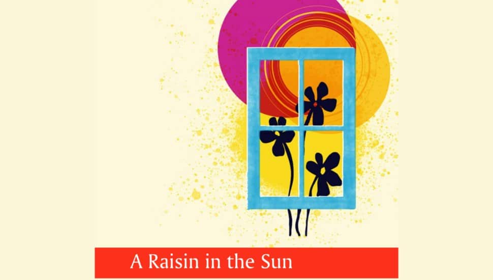 Stylized illustration for A Raisin in the Sun, featuring a blue window with black flowers on a yellow background, overlaid with circular abstract patterns in red, orange, and purple. The title "A Raisin in the Sun" is displayed on a red banner below.