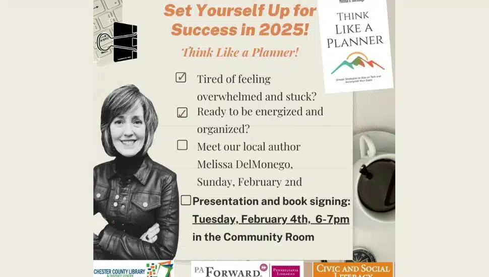 A flyer promoting that Author Melissa G. DelMonego will be at Henrietta Hankin Library on Feb. 4 for an interactive session on simple strategies to achieve your goals.