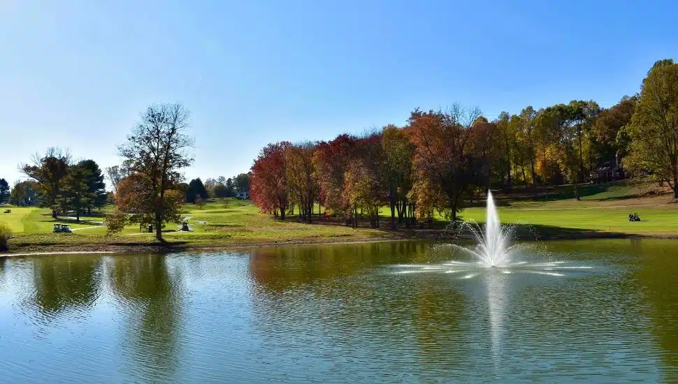 Green grass, trees, and lake at Penn Oaks Golf Club.
