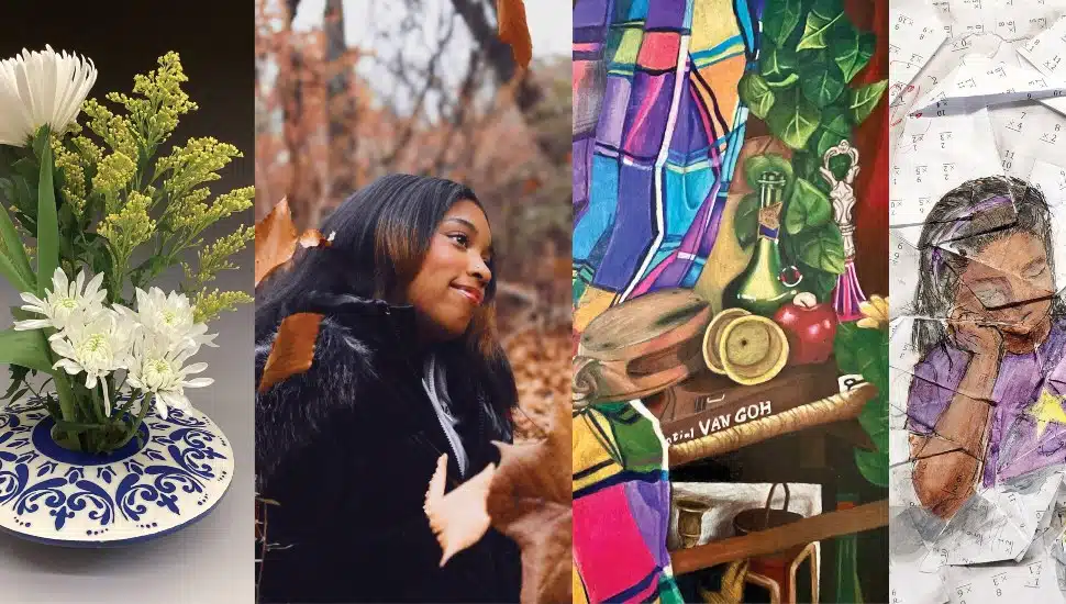 Artwork by (left to right): Kiarha Constantino, Garnet Valley High School; Saniya Hatchell, Upper Darby High School; Devin Baldwin, Penncrest High School; and Phani Vaddypally, Springfield High School.