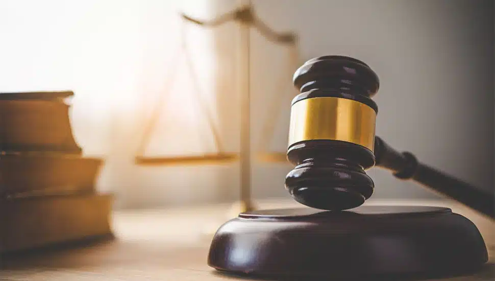 Close up of gavel in the courtroom.