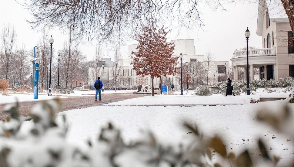 The Widener University campus after a winter snow.