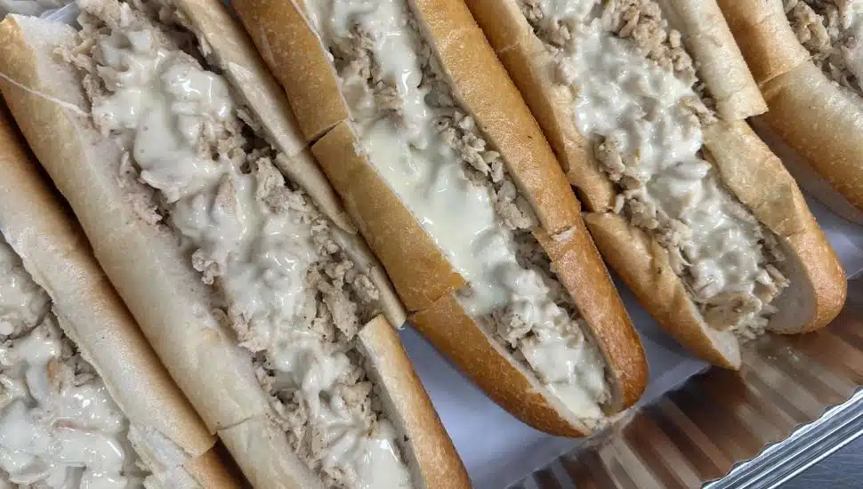 Chicken cheesesteaks in a row.