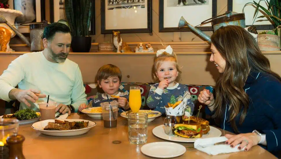 A family at pajama brunch.