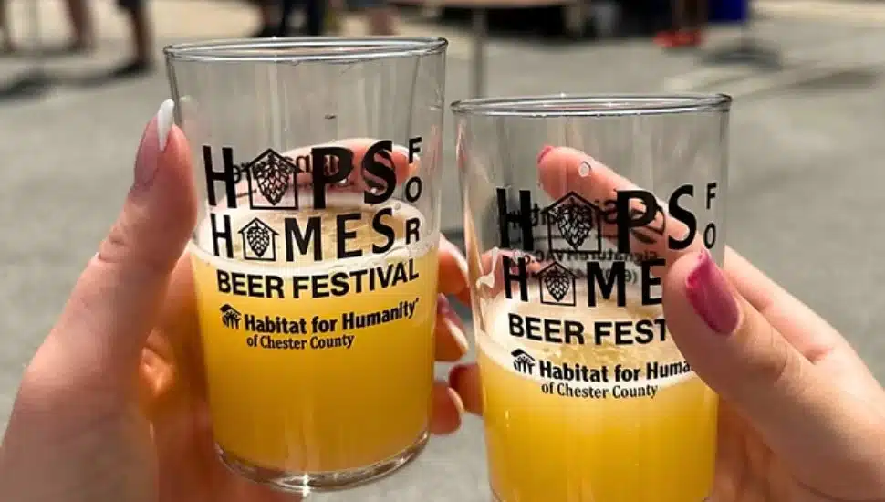 Close up of two glasses filled with beer and people clinking glasses together.