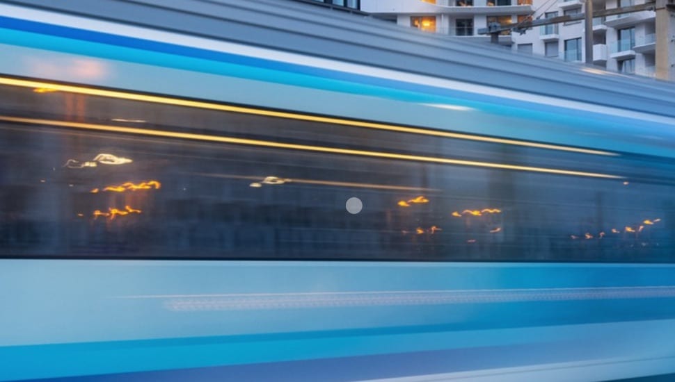 Train passing by at blurred speed.