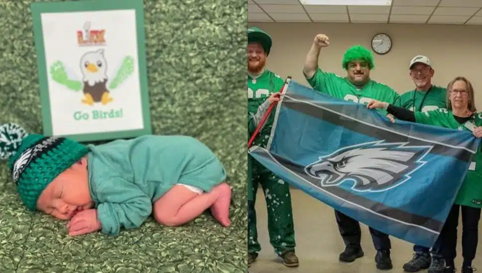 A baby at CCH dressed in Eagles gear; a group of CCH dressed in Eagles gear holding Eagles flag.