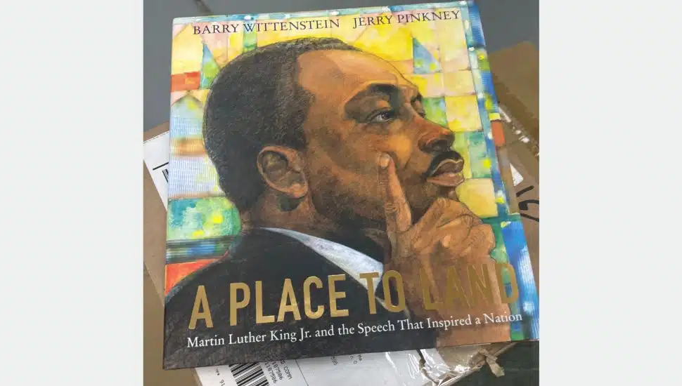 Illustrated book cover of :A Place to Land: Martin Luther King Jr. and the Speech That Inspired a Nation" by Barry Wittenstein and Jerry Pinkney, featuring a portrait of Dr. King in deep thought against a colorful stained-glass background.