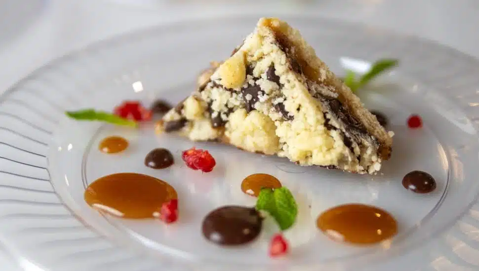 Colorful dessert on plate.