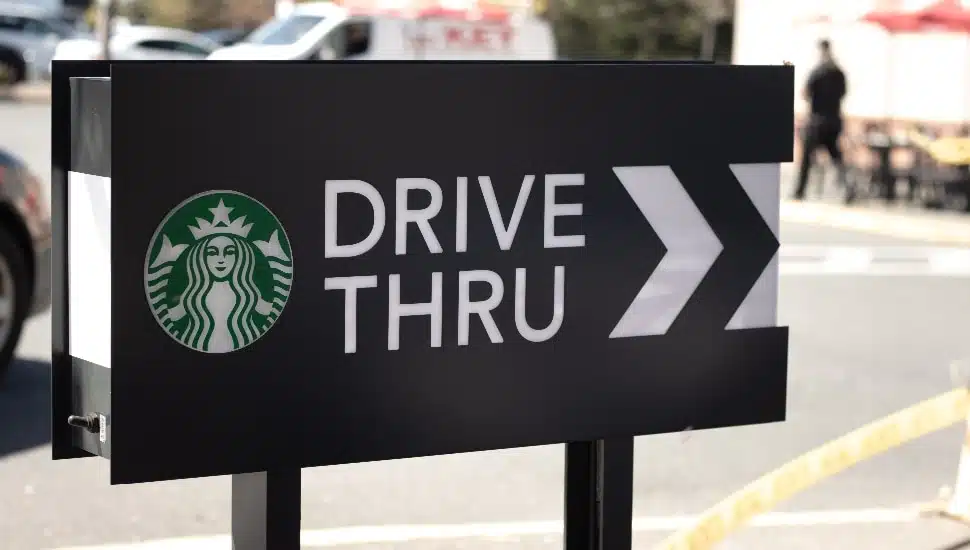 Starbucks drive-thru sign.