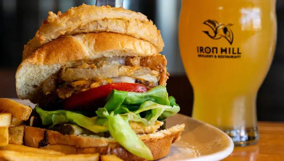 Iron Hill burger and beer.