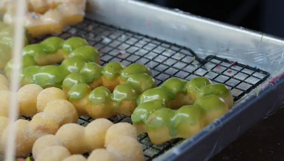 Mochi donuts on a tray.