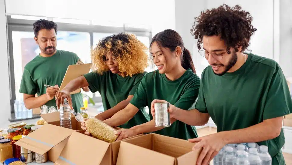A group of volunteers packing food items.