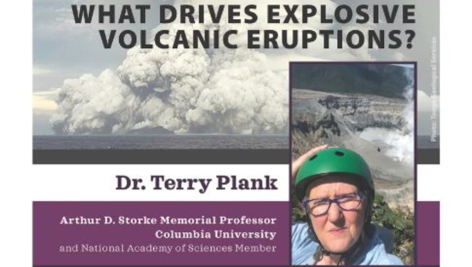 A flyer promoting Dr. Terry Plank at WCU. It is a headshot of her with volcanic smog/ashes in the background.