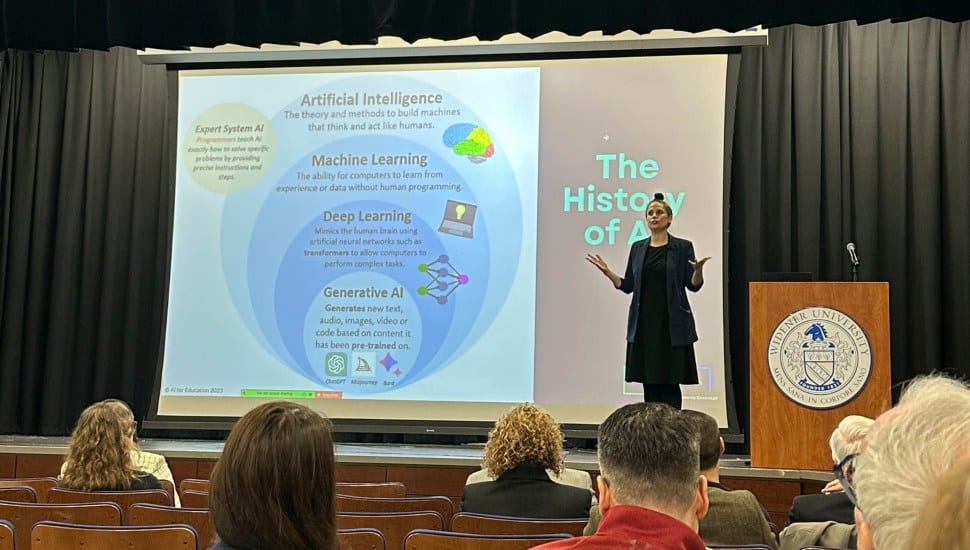 Amanda Bickerstaff, CEO of AI for Education, delivers her keynote address at Widener University’s AI Day.