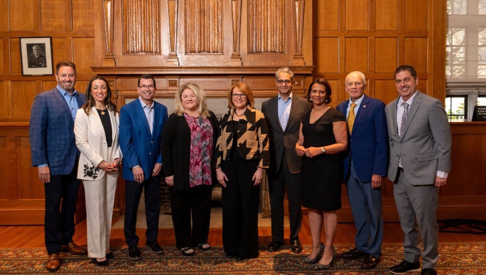 Chris Gheysens, Chairman and CEO Wawa;  Lauran Mannion white outfit ; Leo Parsons, President & CEO CTDI; Dr. Laurie Bernotsky, President West Chester University; Madeline Bell, President and CEO Children’s Hospital of Philadelphia (CHOP); Salim Ramji, CEO Vanguard; Tamala Edwards 6abc; Gary W Smith CEO CCDEC; Mike Grigalonis President and COO CCEDC.