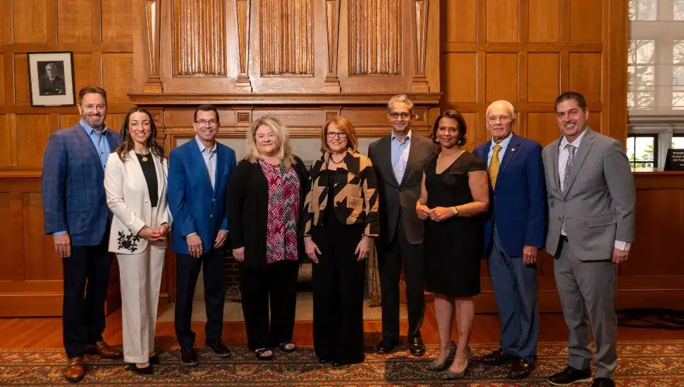 Chris Gheysens, Chairman and CEO Wawa; Lauran Mannion white outfit ; Leo Parsons, President & CEO CTDI; Dr. Laurie Bernotsky, President West Chester University; Madeline Bell, President and CEO Children’s Hospital of Philadelphia (CHOP); Salim Ramji, CEO Vanguard; Tamala Edwards 6abc; Gary W Smith CEO CCDEC; Mike Grigalonis President and COO CCEDC.