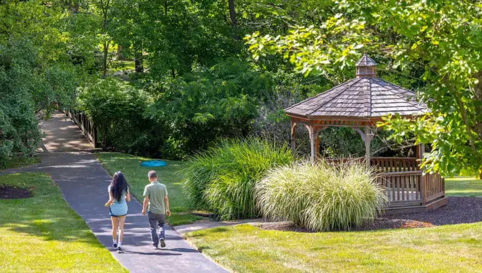 Two people walking by gazebo on Cheserbrook trail.