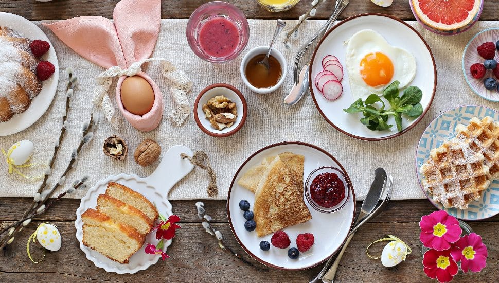 Easter brunch on table.