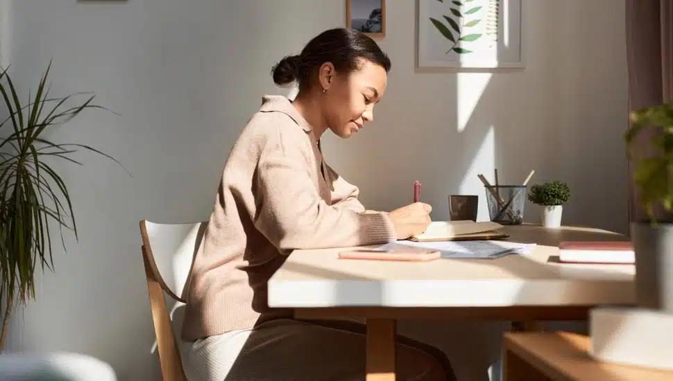 Young African American woman writing in notebook at home with sun rays.