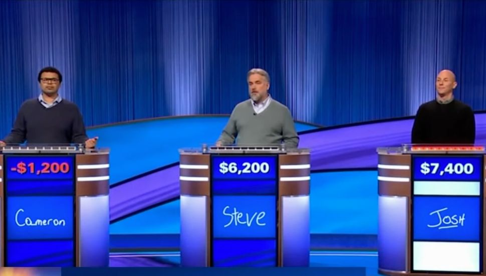 Three Jeopardy players, with Joshua Weikert on far right.