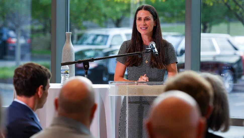 Mary Zuccato gives a speech.
