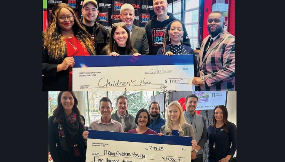S&T Team members presenting checks to The Children's Home of Pittsburgh (top) and Akron Children's Hospital radiothon (bottom).