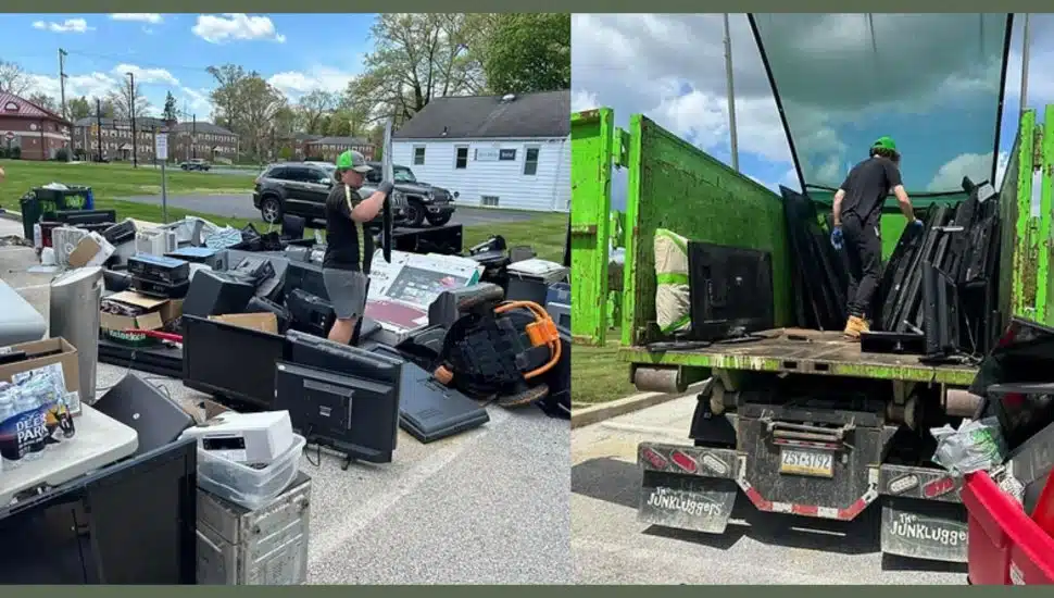 Two side-by-side images from an electronic waste recycling event. On the left, a worker wearing a green cap and gloves sorts through a large pile of discarded electronics, including TVs, computer monitors, and other devices, in an outdoor parking lot. On the right, another worker stands on the back of a green JunkLuggers truck, loading flat-screen TVs and other e-waste for proper disposal.