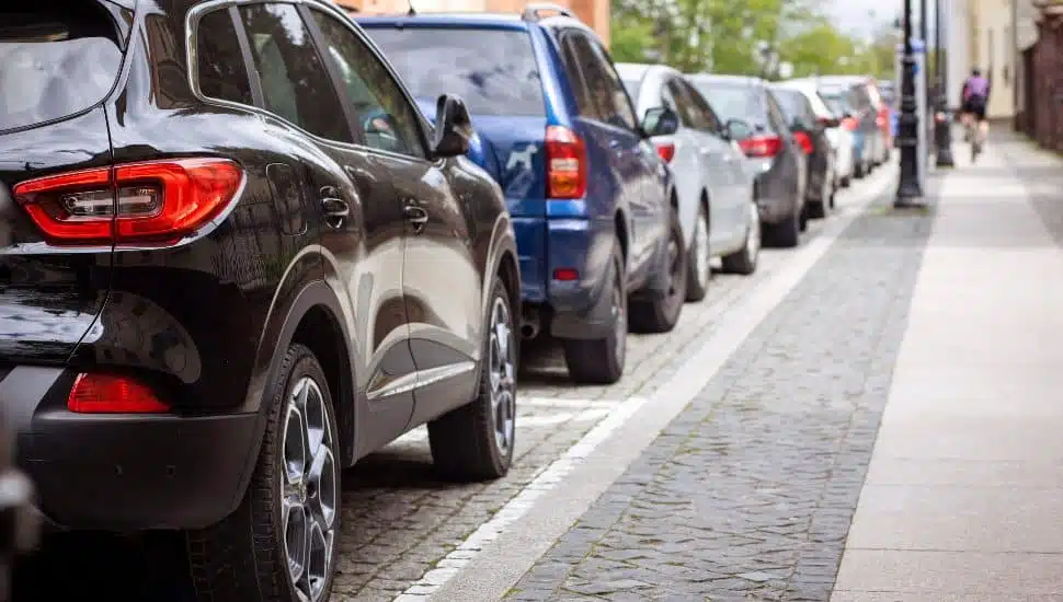 Row of parked cars.