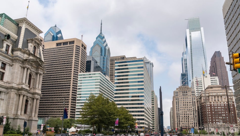 Philadelphia skyline from below.