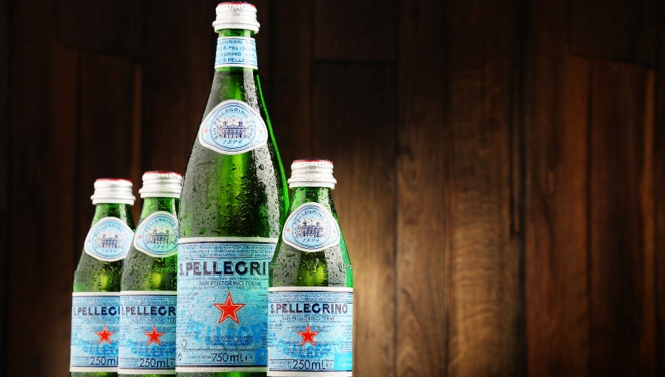 San Pellegrino bottles lined up.
