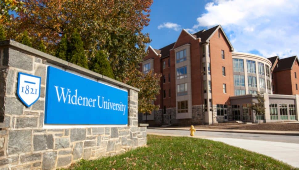 The Widener University sign at the entrance to the university.
