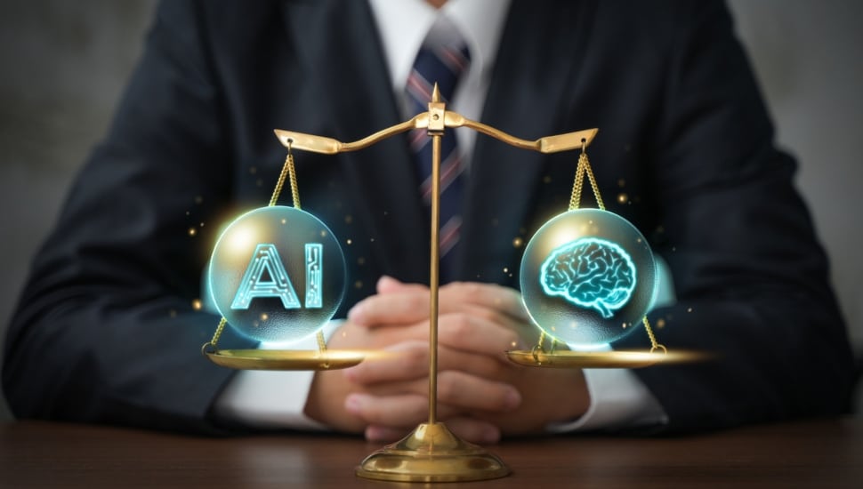 AI concept with businessman looking at scale with AI and brain on opposing sides.