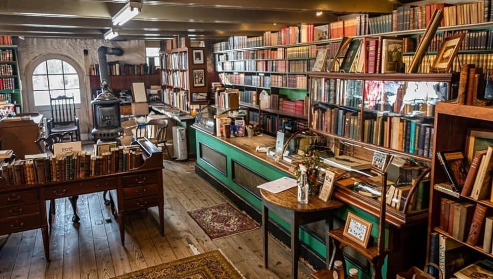 Books and tables inside Baldwin's Book Barn.