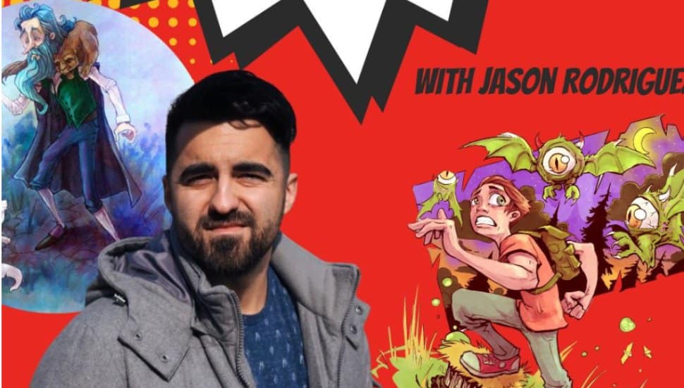 A promotional image featuring comic illustrator Jason Rodriguez against a bold red background with comic-style artwork. The image includes dynamic illustrations of fantasy characters, including a bearded figure with a creature on his shoulder and a young adventurer surrounded by flying monsters. The text "With Jason Rodriguez" emphasizes the event.