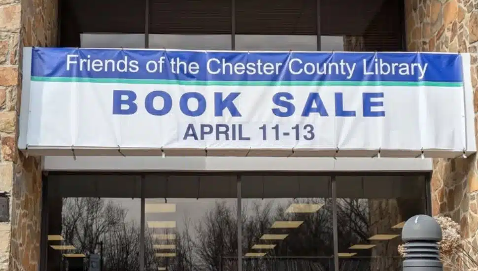 Spring Book Sale Banner hanging at the Chester County Library.