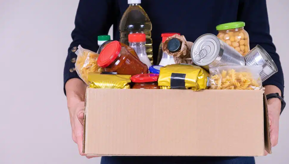 Hands holding food donations box with food grocery products.