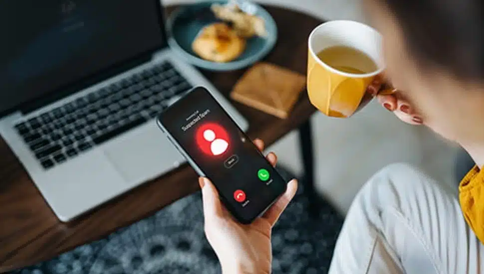 Person holding coffee mug sees phone ringing.
