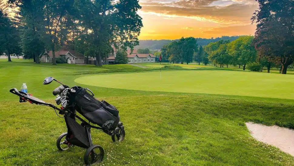 View on the green of a sunrise at Downingtown Country Club.